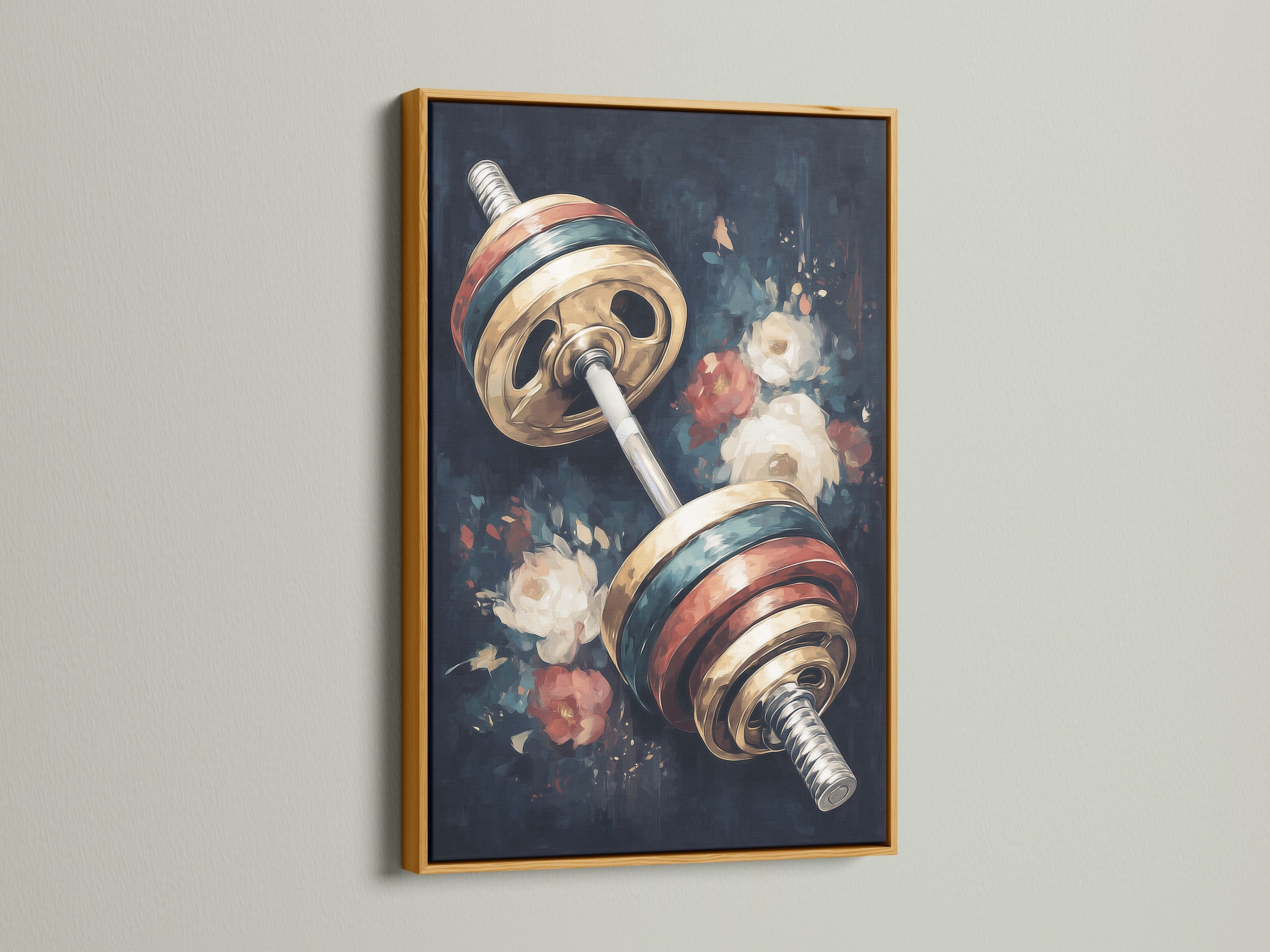 Vintage barbell art print with a luxurious gold frame. Elevate your home gym prints with this elegant option. The gold frame enhances the vintage fitness artwork perfectly.
