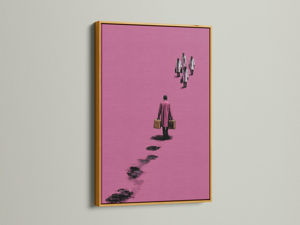 Surreal pink artwork in a gold frame. The art features a figure walking away with suitcases. This minimalist canvas print adds a contemporary touch to any office decor. It's a modern abstract poster. The artwork elevates clinic wall art.