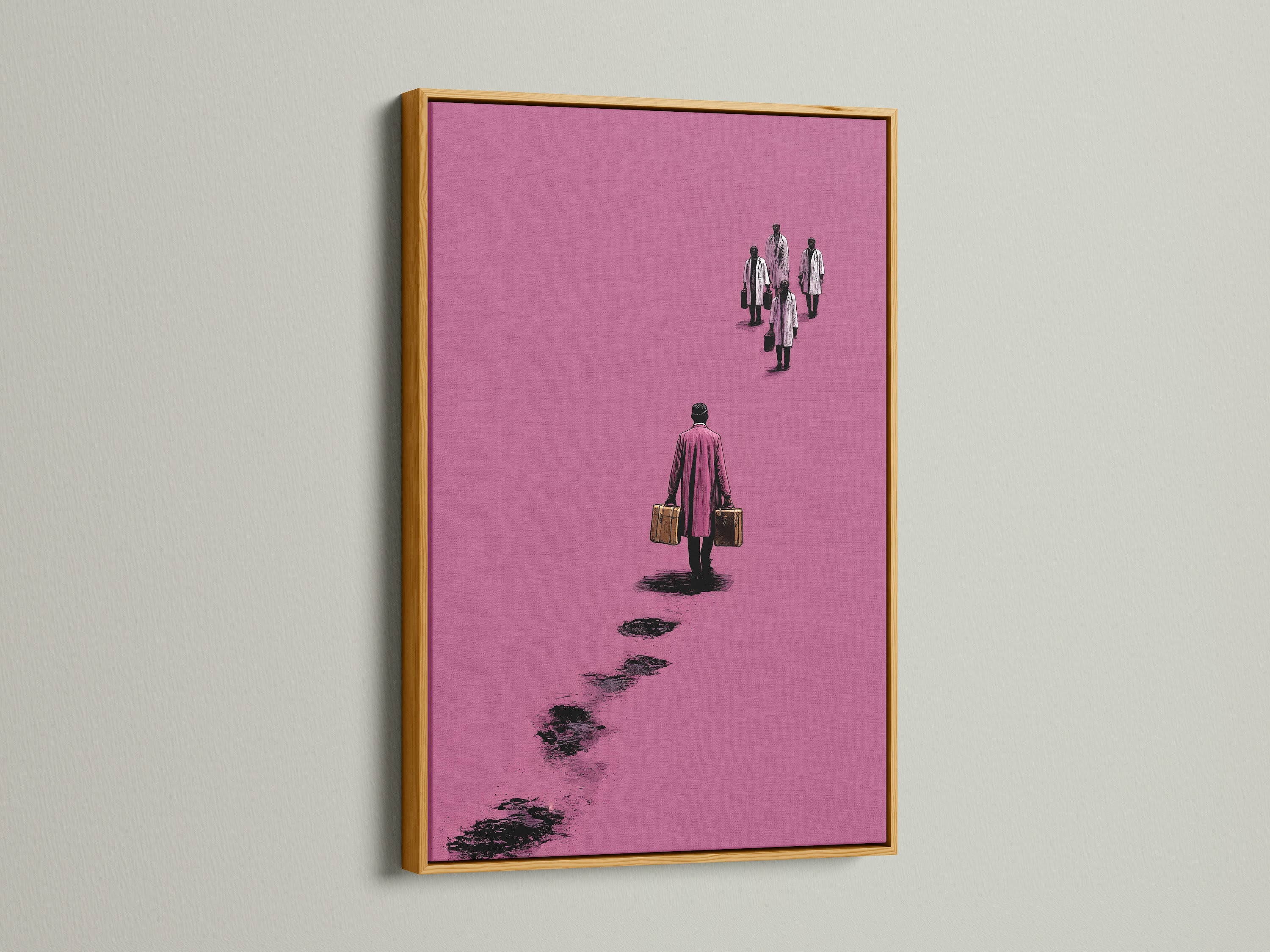 Surreal pink artwork in a gold frame. The art features a figure walking away with suitcases. This minimalist canvas print adds a contemporary touch to any office decor. It's a modern abstract poster. The artwork elevates clinic wall art.