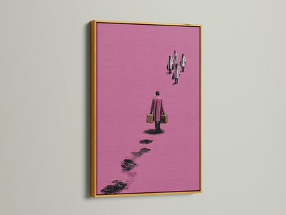 Surreal pink artwork in a gold frame. The art features a figure walking away with suitcases. This minimalist canvas print adds a contemporary touch to any office decor. It's a modern abstract poster. The artwork elevates clinic wall art.