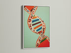 A white frame is featured. This artwork is ideal for modern spaces. The white frame enhances the colorful molecule poster. Perfect for homeowners apartment dwellers and interior stylists. This DNA Structure Canvas Print complements minimalist contemporary or Scandinavian aesthetics.