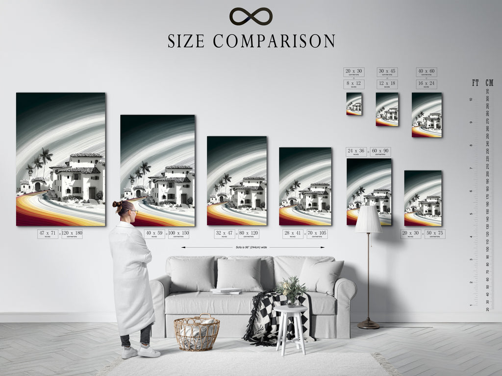 Size comparison chart displayed in an interior setting. The chart helps you visualize the perfect size for your wall decor. Choose the ideal dimensions for your Coastal Village artwork. Transform your living space with the perfect piece.