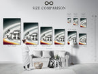 Size comparison chart displayed in an interior setting. The chart helps you visualize the perfect size for your wall decor. Choose the ideal dimensions for your Coastal Village artwork. Transform your living space with the perfect piece.