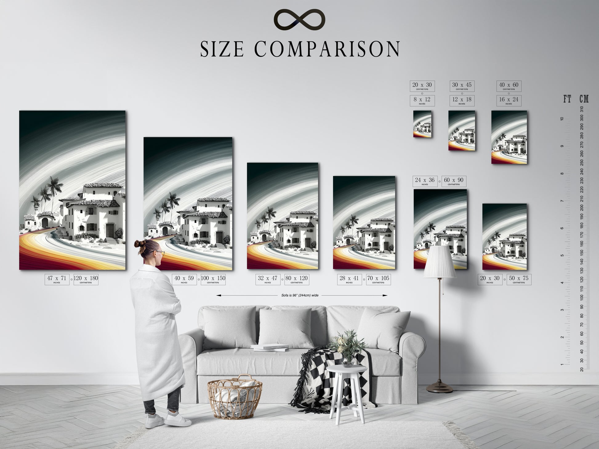 Size comparison chart displayed in an interior setting. The chart helps you visualize the perfect size for your wall decor. Choose the ideal dimensions for your Coastal Village artwork. Transform your living space with the perfect piece.