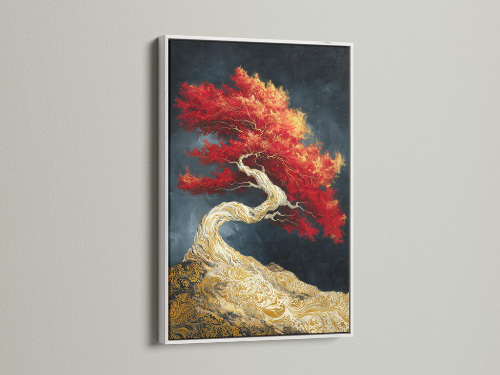 Discover serene Asian home decor with this bonsai wall art. The red maple print is showcased in a clean white frame. This zen canvas art is perfect for meditation spaces and offices. The oriental wall art adds a minimalist touch. A calming and stylish addition.