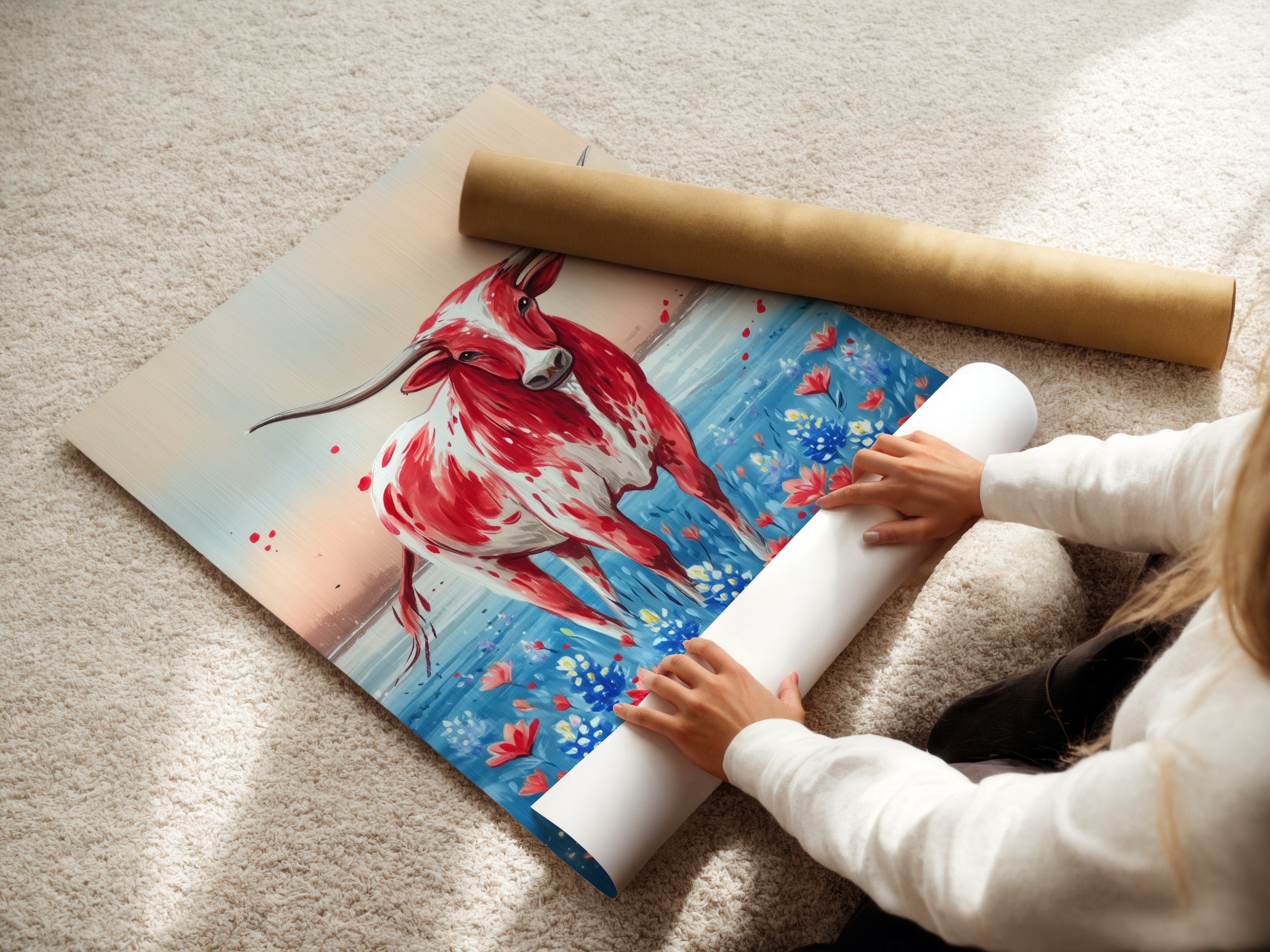 A woman is carefully rolling a fine art poster paper featuring Texas Longhorn art. The poster showcases a beautiful Longhorn in a wildflower field. Get ready to display western charm in your home with this high-quality print.