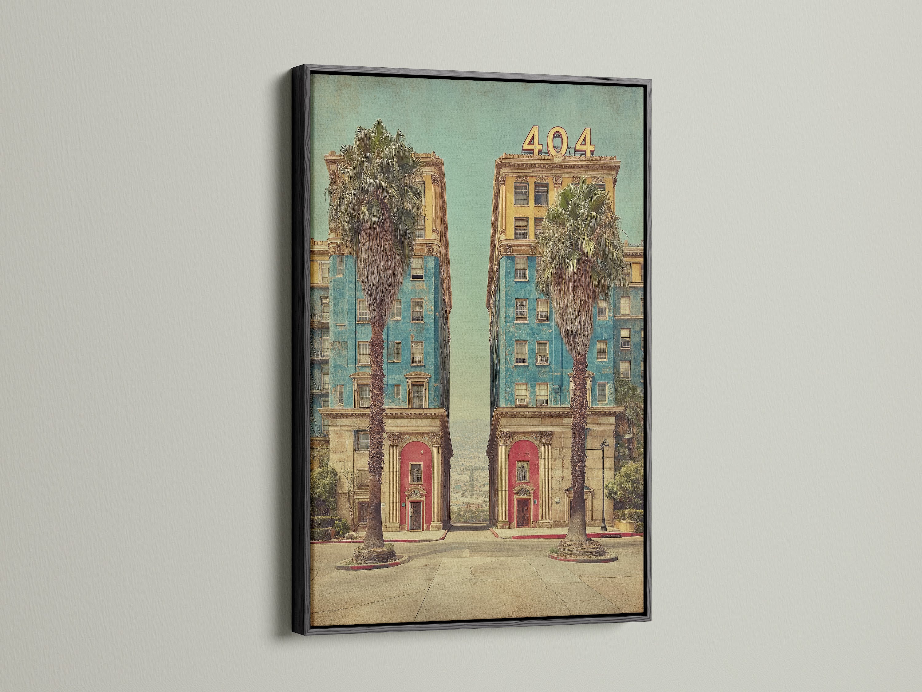 Vintage Building Artwork with Black Frame. The black frame creates a bold statement for this retro architecture print. This hotel wall art is ideal for office decor. Its classic style complements coastal and modern spaces.