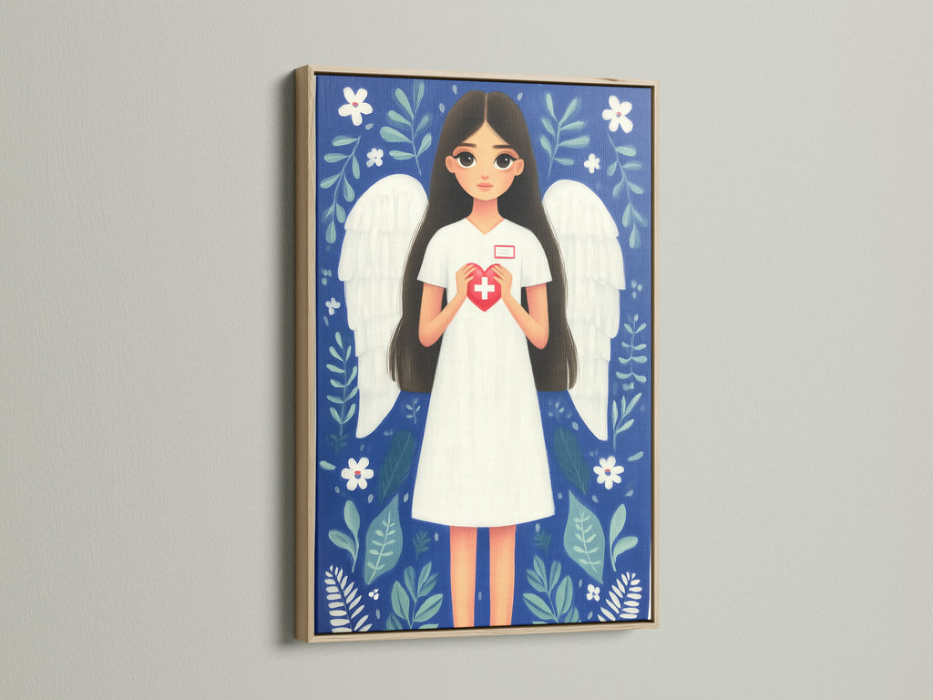 Nurse Angel canvas print in an oak frame. This healthcare hero wall art celebrates medical staff. The artwork depicts a nurse with angel wings holding a heart with a medical cross. Ideal as a doctor gift idea or for hospital wall art it adds a touch of appreciation.