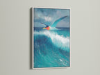 Seagull artwork with a white frame. This bird canvas is perfect for beach themed art. The wave painting adds a nautical touch. It will look great in a bedroom or studio.