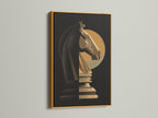 Artwork featuring a chess knight is displayed in a gold frame. The gold frame adds a touch of luxury and opulence. It enhances the artwork with a radiant finish. This frame brings warmth and elegance to your walls. A gold frame can elevate your decor.