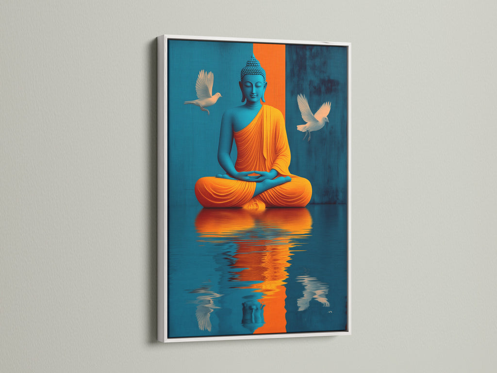 Enhance your home with our spiritual Buddha artwork. This zen decor is beautifully framed in white. The canvas print showcases teal and gold colors. Ideal for creating a peaceful environment in any room. Add a touch of serenity with this stunning art piece.