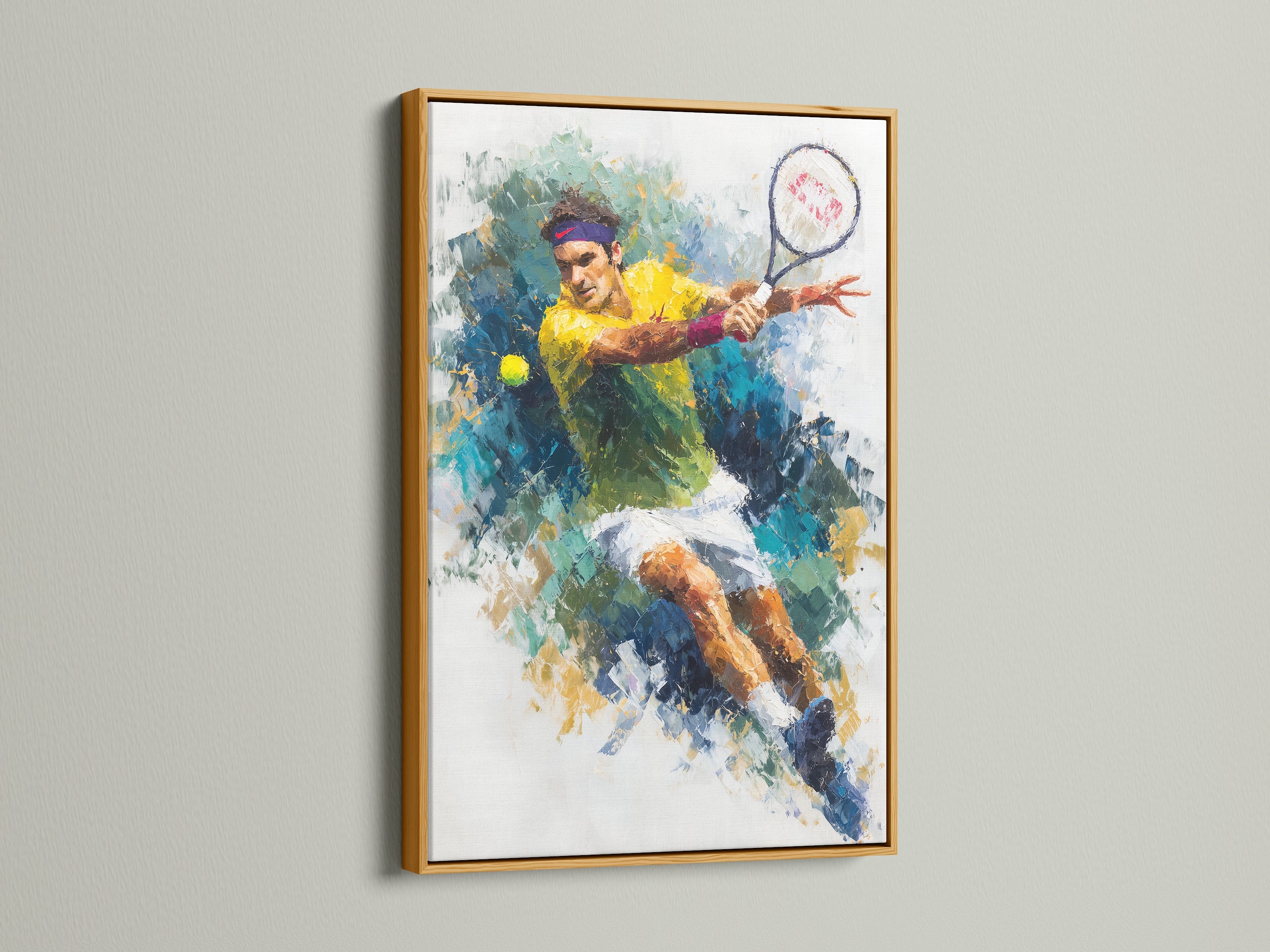 A tennis canvas print is showcased in a gold frame. The abstract sports art adds a touch of elegance. This tennis home decor is ideal for a modern space. This sports wall decor is a great addition to any game room. This tennis artwork is perfect for sports fans.