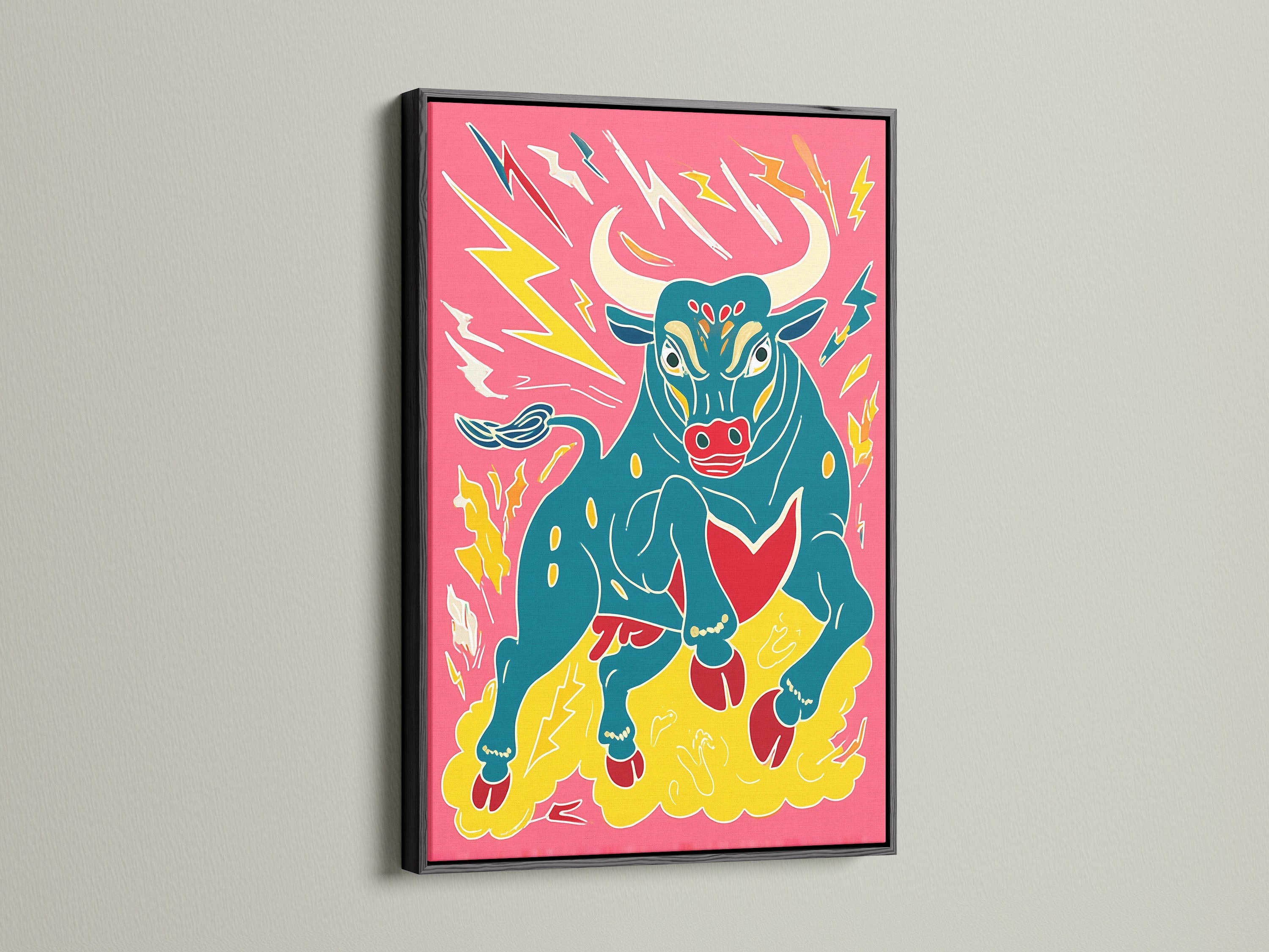 Bull artwork showcased in a sleek black frame. This animal canvas features a colorful pop art print. It's perfect for a modern look. This funky home decor adds character. This retro print makes a statement.