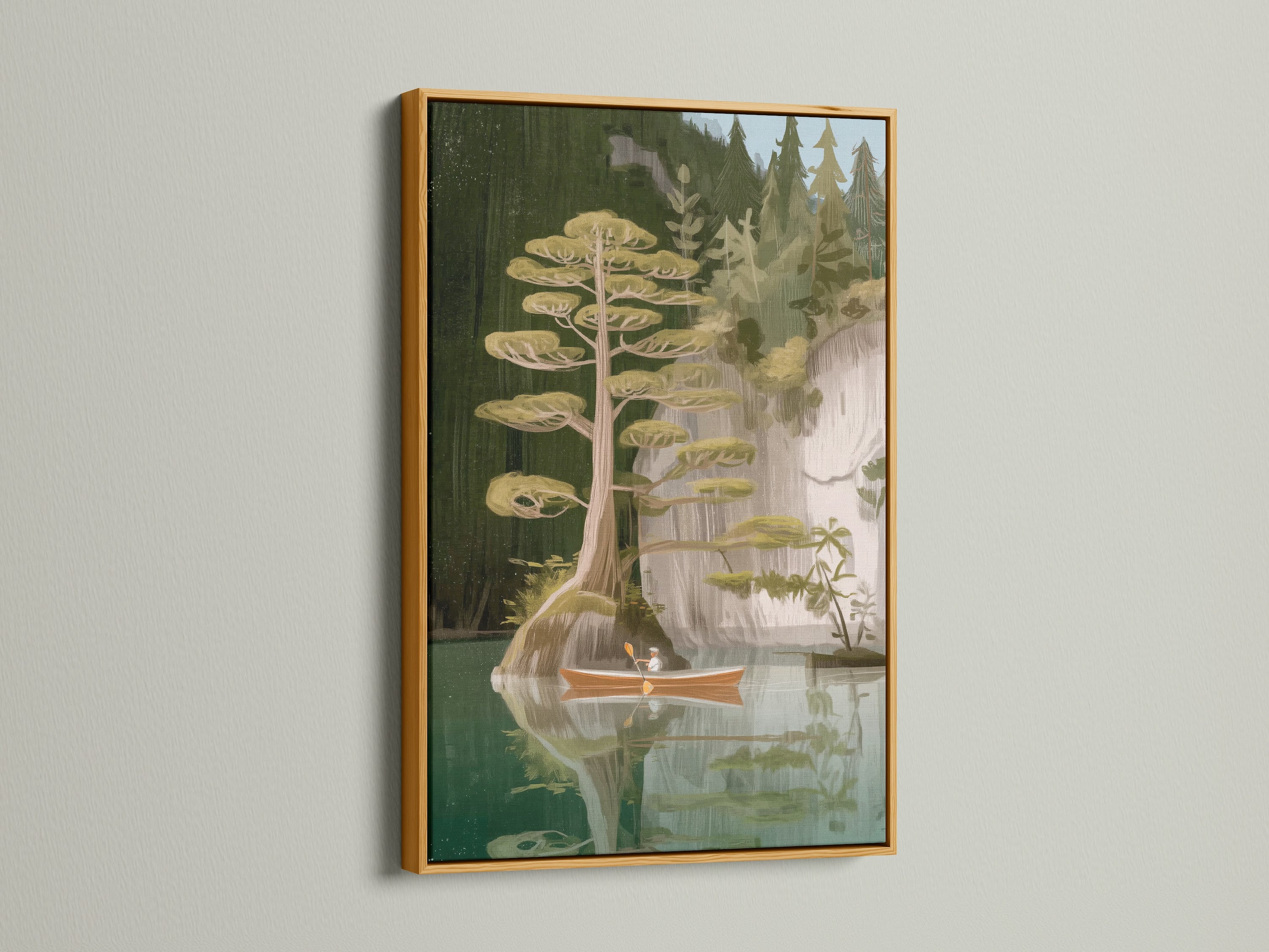 Lake and Canoe artwork in a gold frame. The gold frame adds a touch of elegance. This nature wall art becomes a luxurious addition to your decor. Ideal for those seeking elevated rustic wall art. Transform your space with a stunning water reflection artwork.