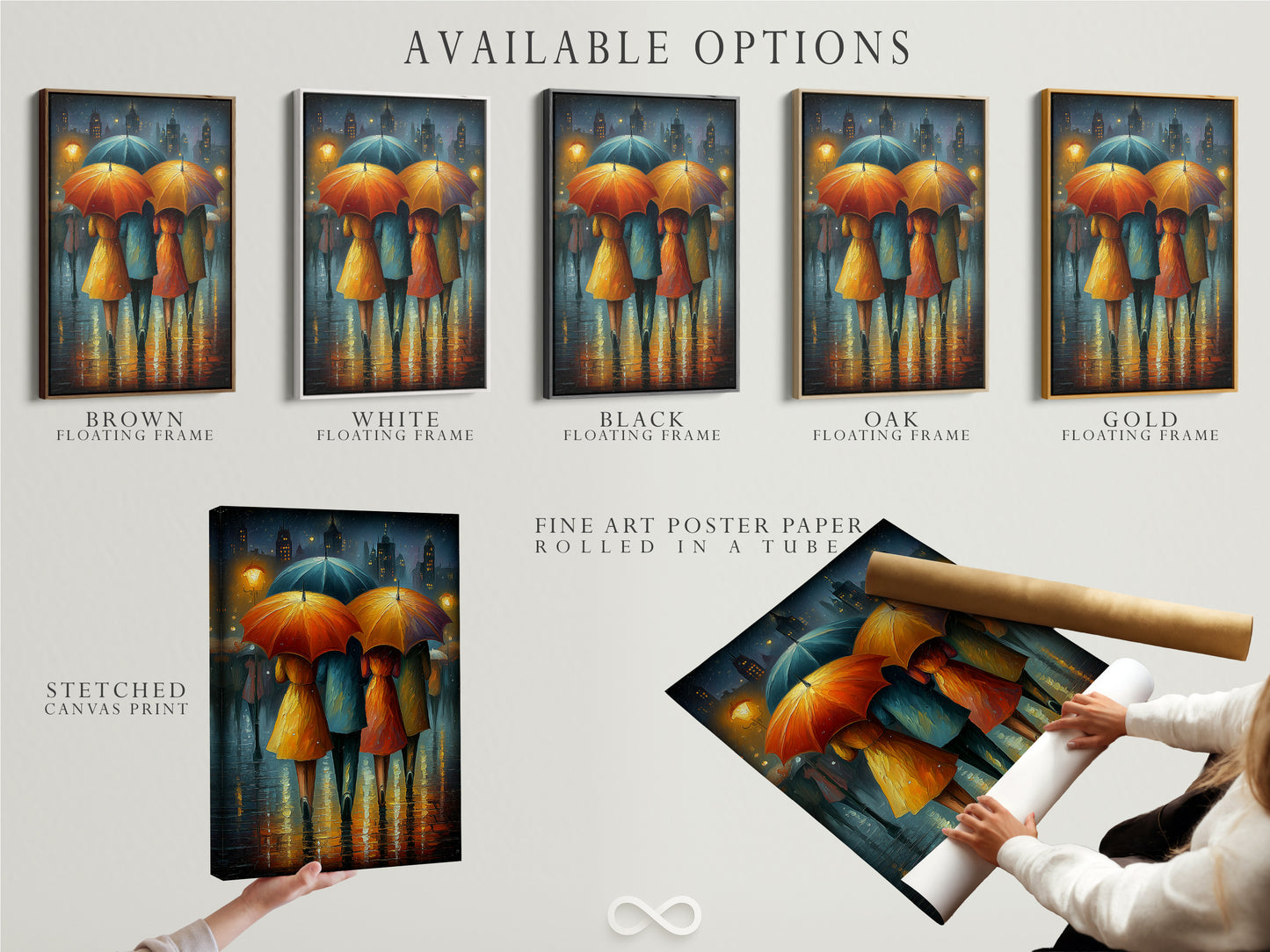 Explore available options for the Rainy City artwork. Choose between a stretched canvas print fine art poster paper or a floating frame. Customize your art to match your style. Find the perfect piece for your space.