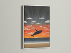 Whale Sunset nautical decor in a white frame. The white frame offers a clean and modern look. This frame allows the artwork to stand out. It will brighten up your space beautifully.