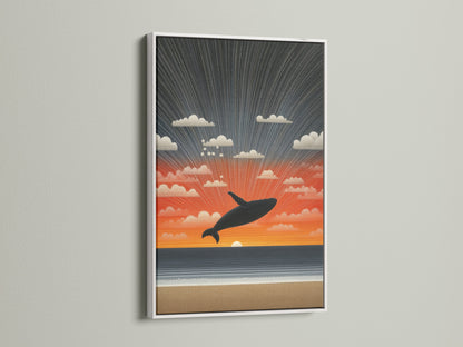 Whale Sunset nautical decor in a white frame. The white frame offers a clean and modern look. This frame allows the artwork to stand out. It will brighten up your space beautifully.