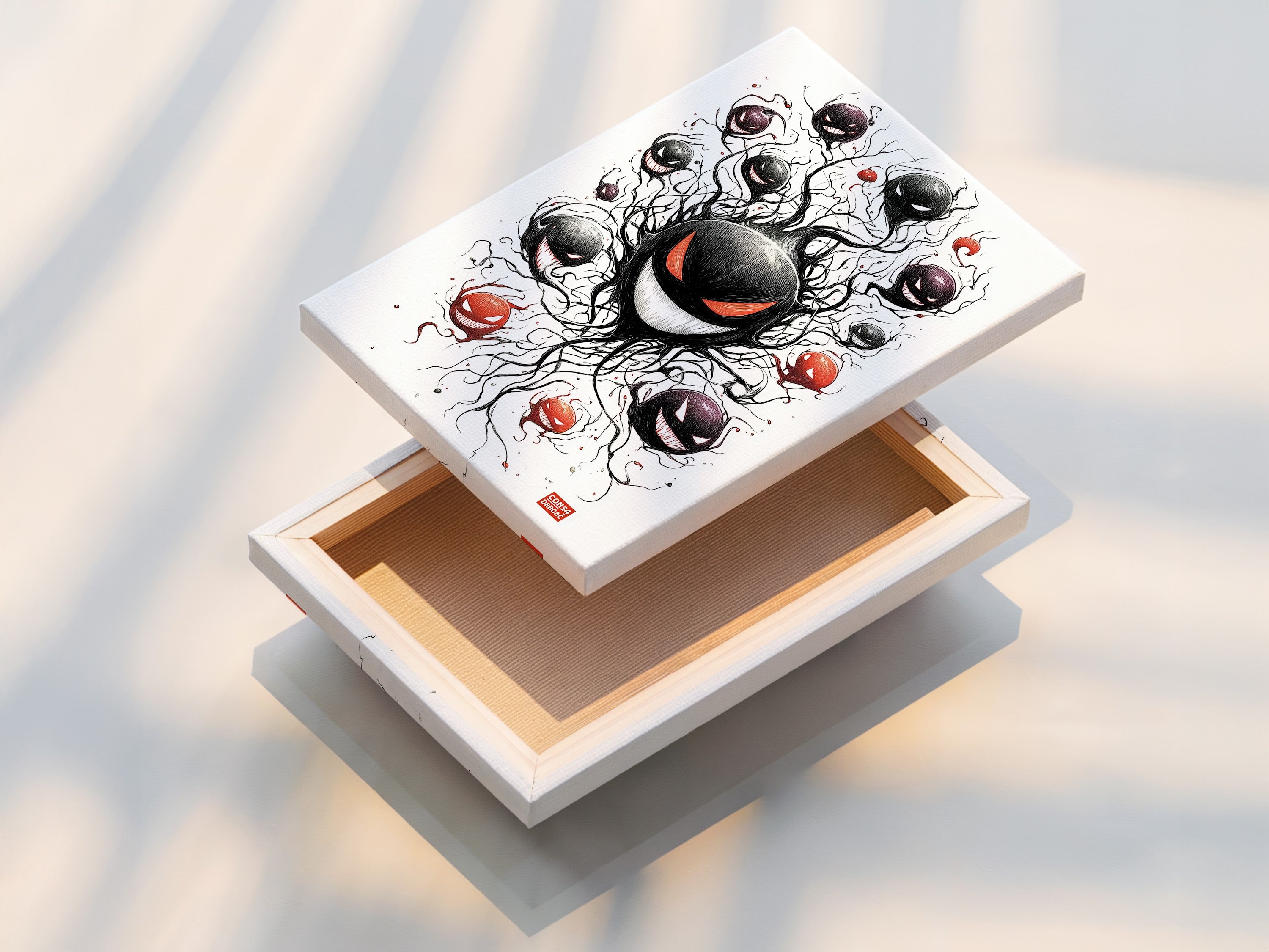 A stretched canvas print offers a ready-to-hang artwork display. The canvas texture adds depth to the ghostly haunter artwork. See how your spooky anime or red-eyed monster art looks on canvas. Perfect for wall decor.