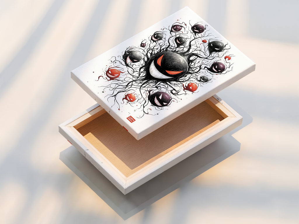 This is a stretched canvas print of the ghostly gathering artwork. This eerie gaming artwork is ready to hang. It is perfect for game rooms. This spooky character wall art is a must-have for horror art and creepy wall art enthusiasts.