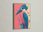 Kingfisher bird art print with a light oak frame. This retro wall art adds a pop of color to any room. The pink and teal artwork complements modern decor. A great bird lover gift for any occasion.