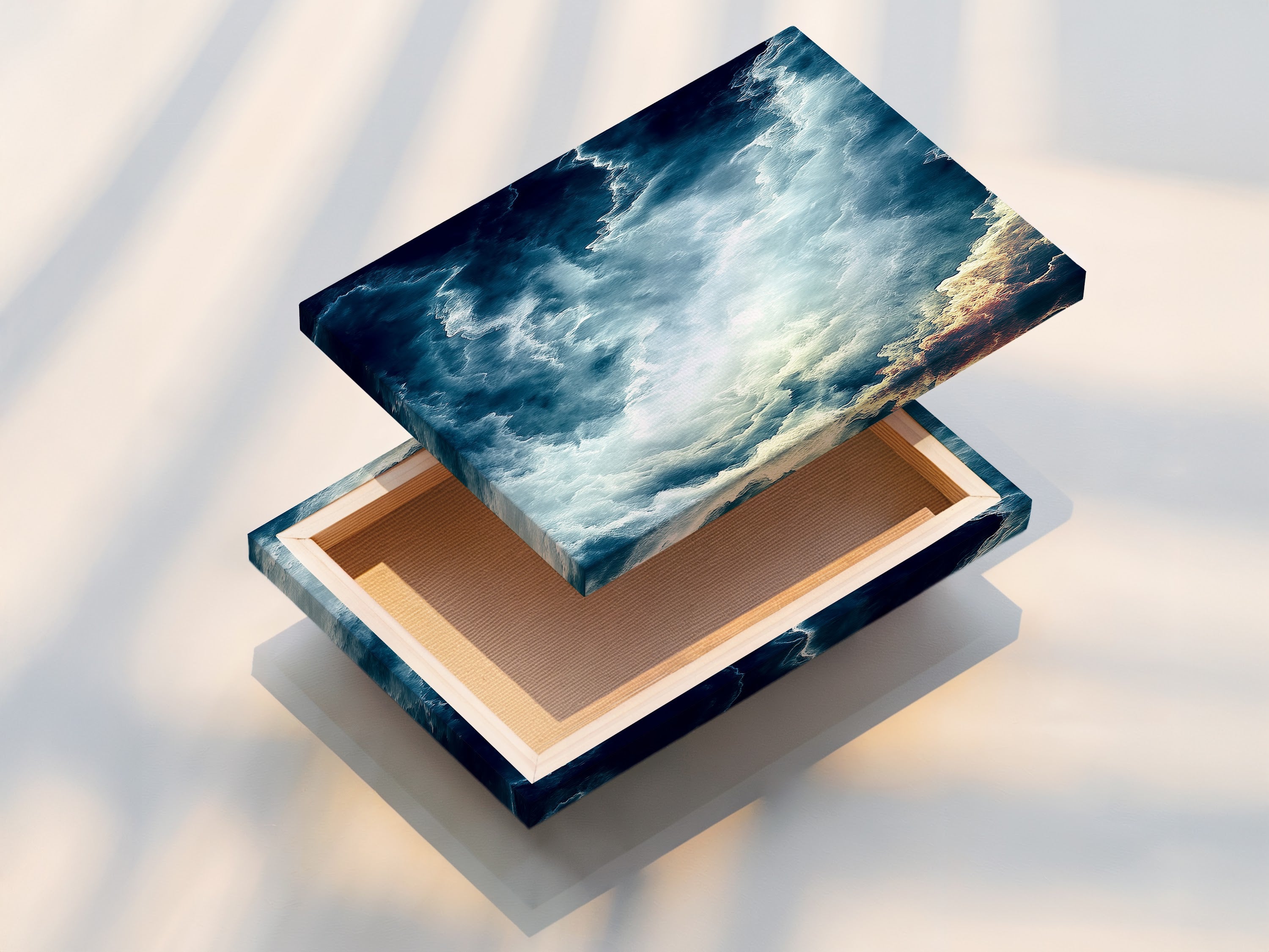 This is a stretched canvas print of an abstract cloudscape. The teal blue sky wall art is ready to hang. The modern artwork adds a touch of elegance. Perfect for minimalist Scandinavian or coastal styles. Transform your living room with this celestial decor.