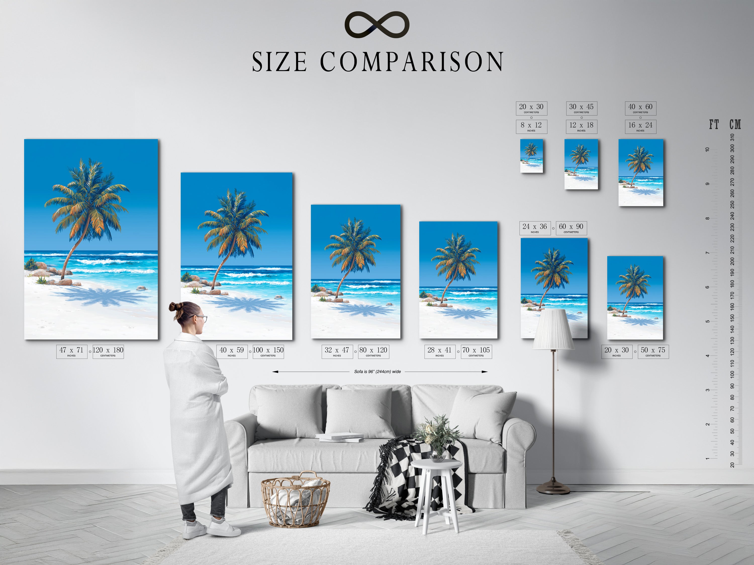 A size comparison chart displayed in an interior setting. The chart demonstrates the various sizes available for our tropical palm tree artwork. Choose the perfect size to fit your space. This visual guide helps you envision how the beach canvas print will look in your home