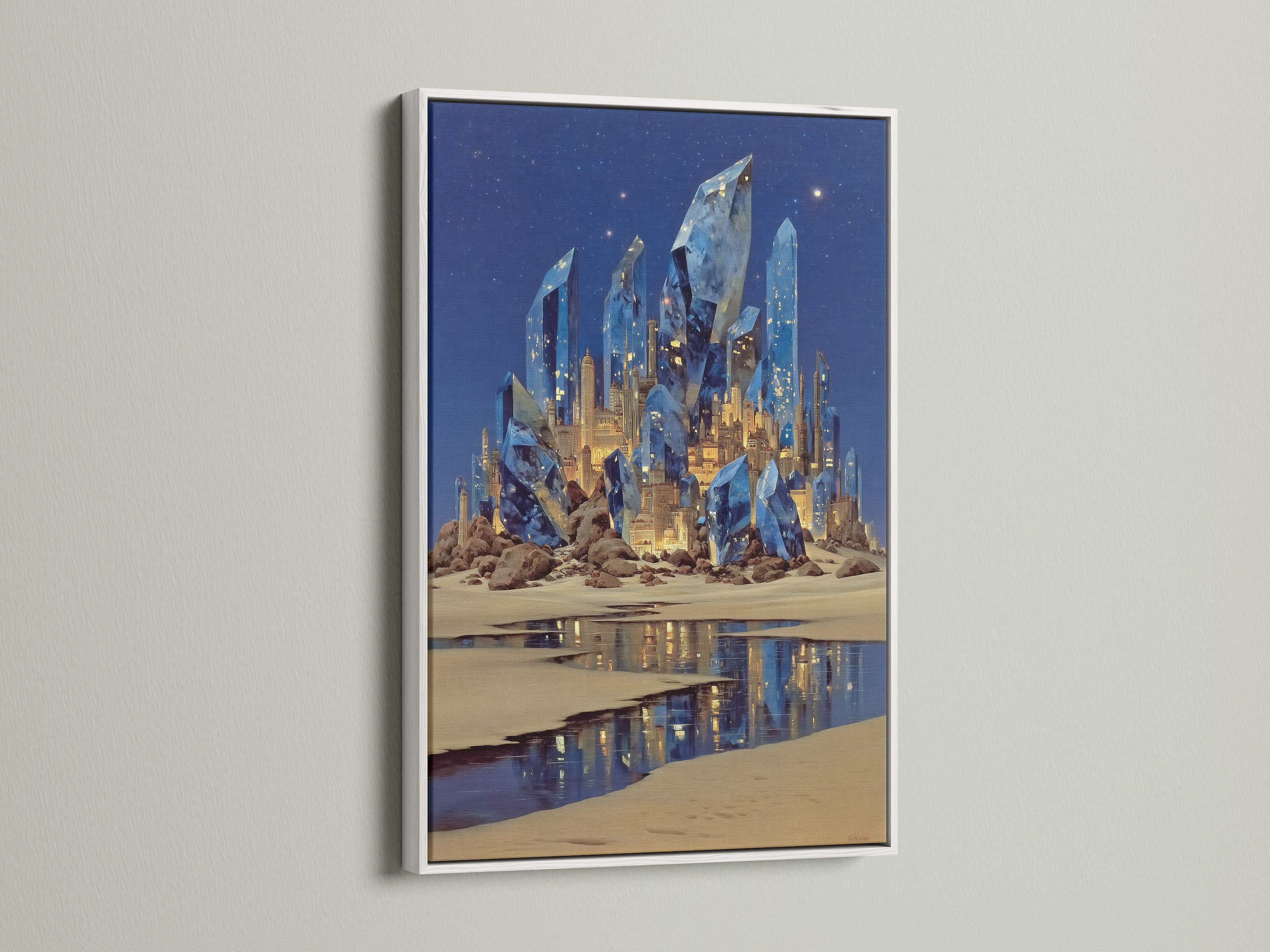 See the fantasy crystal castle artwork in a white frame. This surreal wall art adds a touch of magic. The white frame enhances the blue crystal art. Perfect as a magical landscape canvas print for bedroom wall decor. Bring fantasy home today