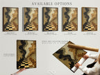 Explore available options for the chess game artwork. Choose from a stretched canvas print or fine art poster paper. Consider a floating frame for a modern look. Each option is crafted to enhance the artwork.