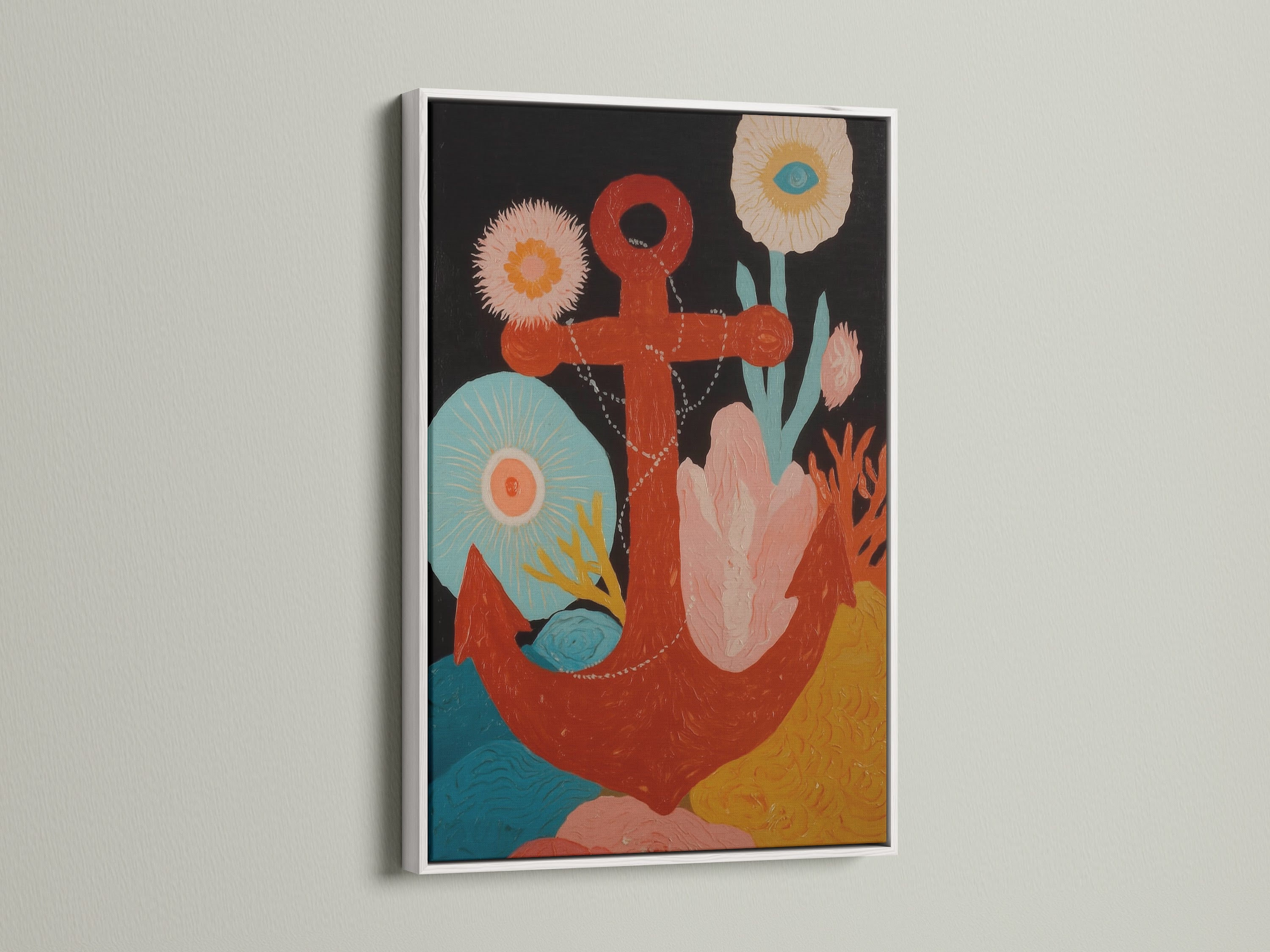 Nautical Anchor Artwork in a White Frame. This coastal wall art is ideal for beach houses or ocean lovers. The vibrant colors and marine theme create a serene atmosphere. A red anchor with florals makes a lovely focal point. Bring the sea indoors.