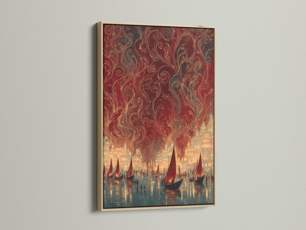 This is a close-up of an oak frame displaying a vintage harbor canvas print. The sailing ships are visible in the artwork. This nautical city lights poster adds a touch of maritime charm to any room. Ideal for office decor.