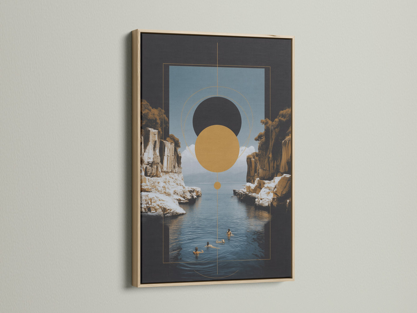 A framed Geometric Seascape artwork with an oak frame. The abstract coastal art piece features modern earth tones. Ideal wall decoration for minimalist and Scandinavian interiors. It brings a serene touch to any space.