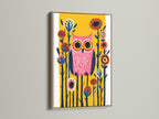 Colorful Owl Wall Art in an Oak Frame. The folk art print showcases a colorful bird. Ideal for nursery wall decor or a kids room. This whimsical artwork adds a modern folk art touch. Bird art prints are perfect for children. The yellow wall art is a delightful addition to any space.