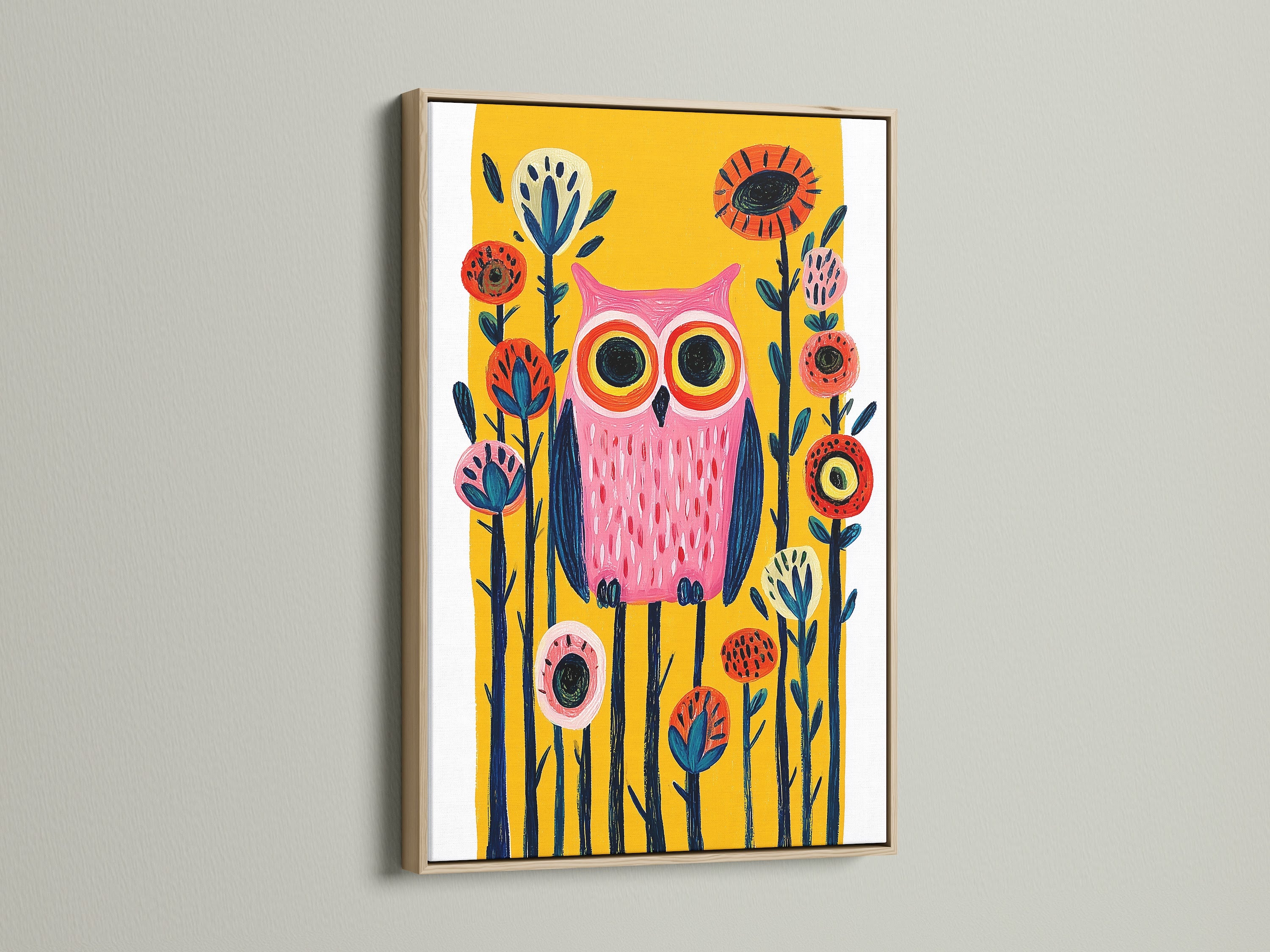 Colorful Owl Wall Art in an Oak Frame. The folk art print showcases a colorful bird. Ideal for nursery wall decor or a kids room. This whimsical artwork adds a modern folk art touch. Bird art prints are perfect for children. The yellow wall art is a delightful addition to any space.