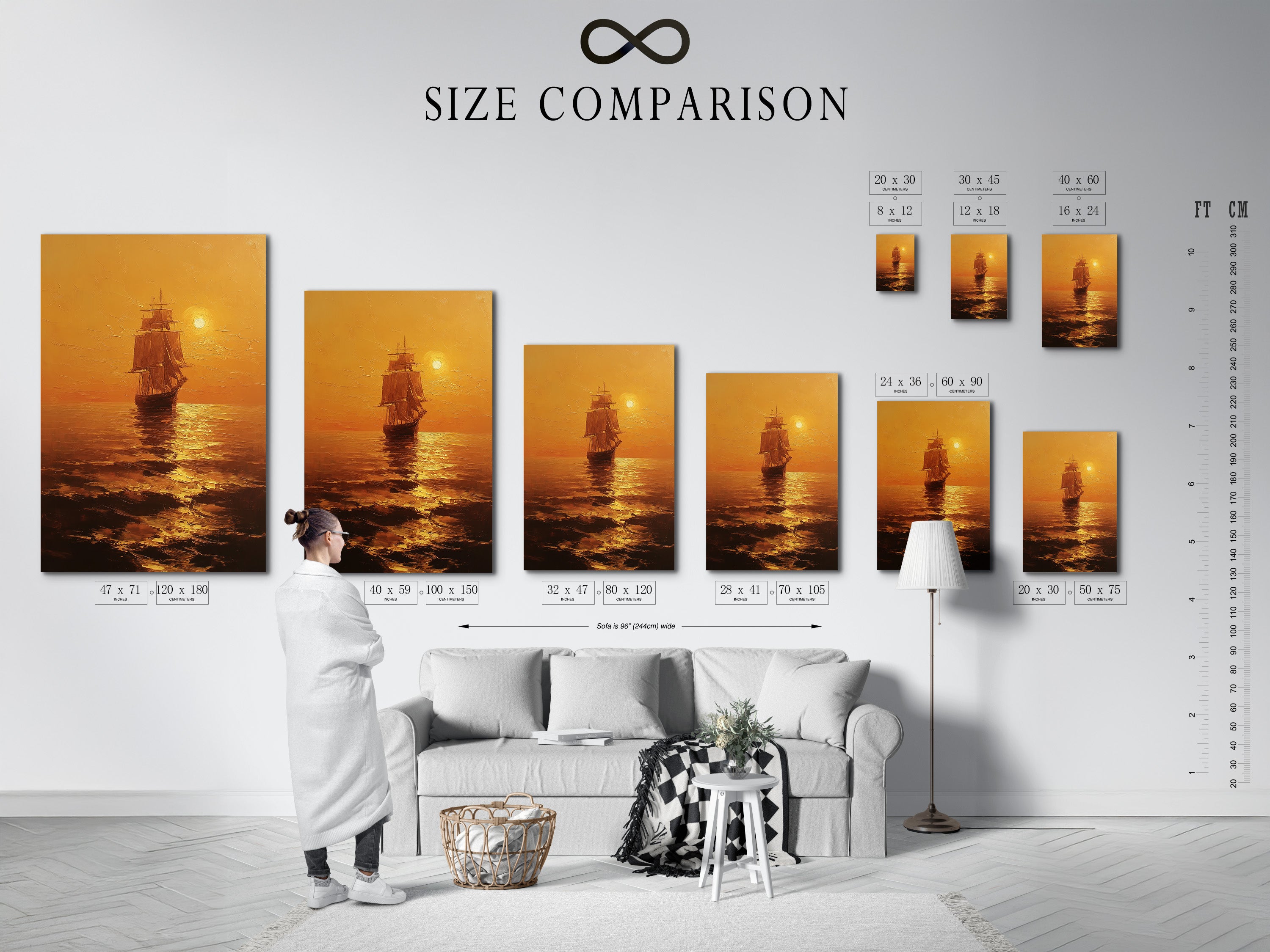 Size comparison chart in an interior setting. The seascape artwork is available in various sizes. The artwork helps visualize the perfect fit for your space. Choose from stretched canvas fine art poster or floating frame. Find the ideal size to complement your decor.