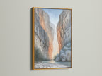 Add a touch of luxury with this arid landscape artwork in a gold frame. The neutral color palette enhances any space. This canyon canvas print is perfect for clinics and cafés. It’s elevated modern wall art.