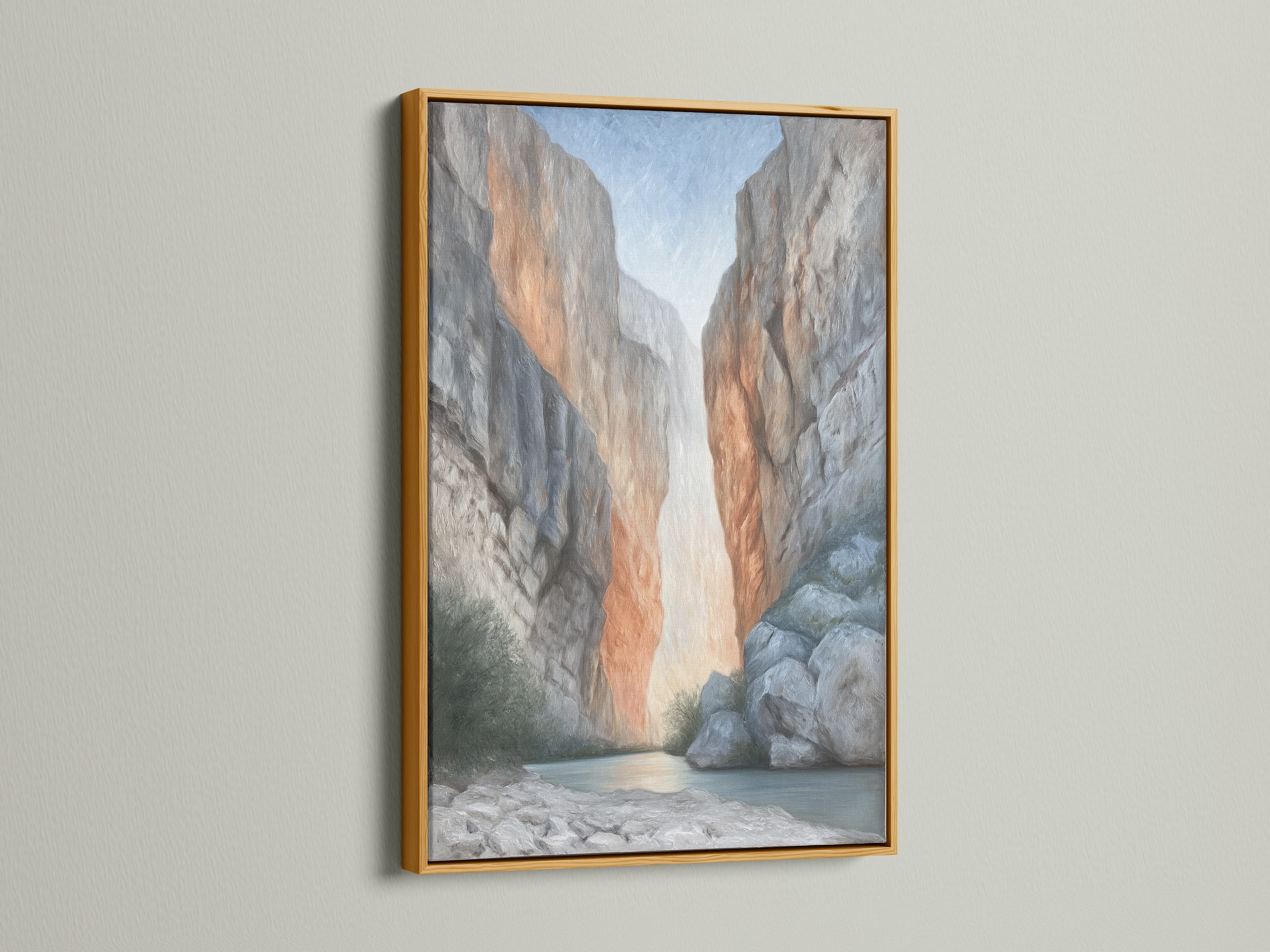 Add a touch of luxury with this arid landscape artwork in a gold frame. The neutral color palette enhances any space. This canyon canvas print is perfect for clinics and cafés. It’s elevated modern wall art.