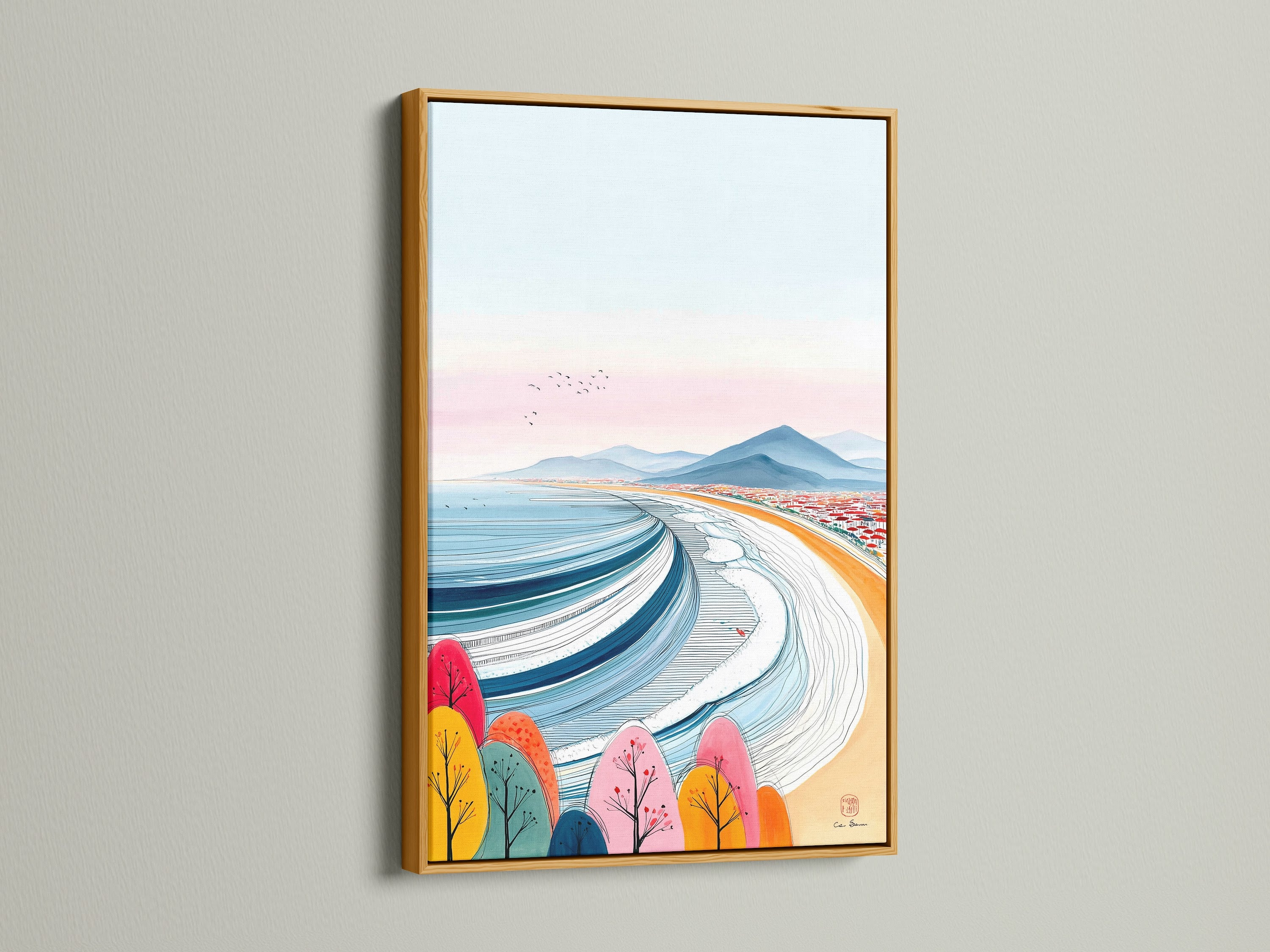 Seascape print in a gold frame. This artwork combines colorful trees with a stunning ocean view. The gold frame enhances its elegance. It makes it a perfect statement piece for any wall.