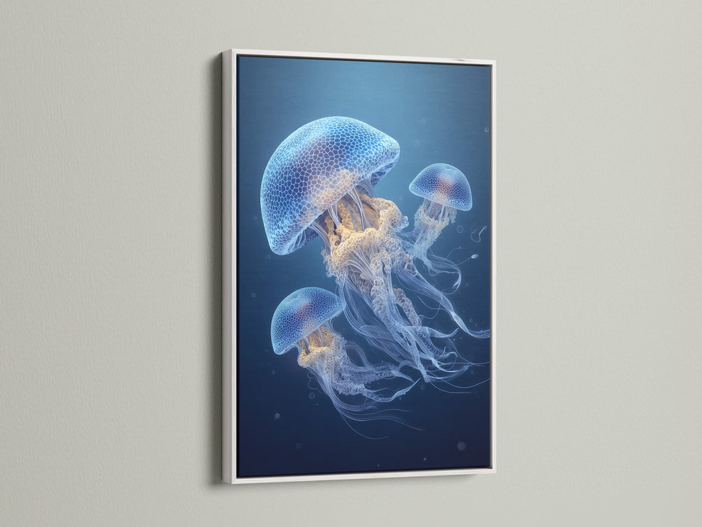 Jellyfish artwork in a white frame. The crisp white frame is modern. This frame highlights the art. A clean aesthetic for any space. It brightens the room. White frame offers a versatile look. The jellyfish artwork is stunning. Display art with this stylish frame. Enhance your home decor with this choice. Great for contemporary art lovers.