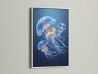 Jellyfish artwork in a white frame. The crisp white frame is modern. This frame highlights the art. A clean aesthetic for any space. It brightens the room. White frame offers a versatile look. The jellyfish artwork is stunning. Display art with this stylish frame. Enhance your home decor with this choice. Great for contemporary art lovers.