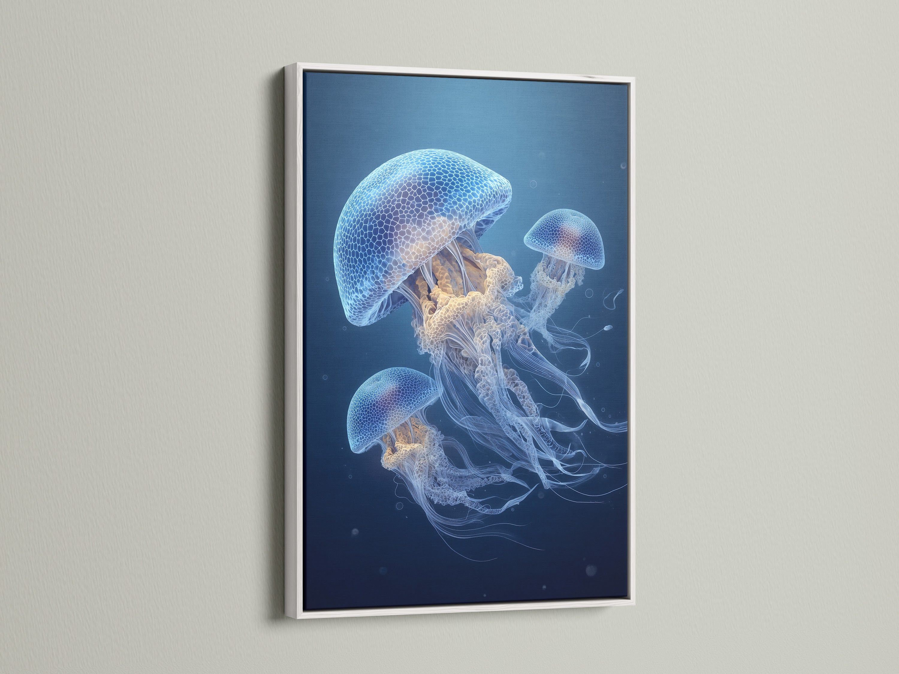 Jellyfish artwork in a white frame. The crisp white frame is modern. This frame highlights the art. A clean aesthetic for any space. It brightens the room. White frame offers a versatile look. The jellyfish artwork is stunning. Display art with this stylish frame. Enhance your home decor with this choice. Great for contemporary art lovers.