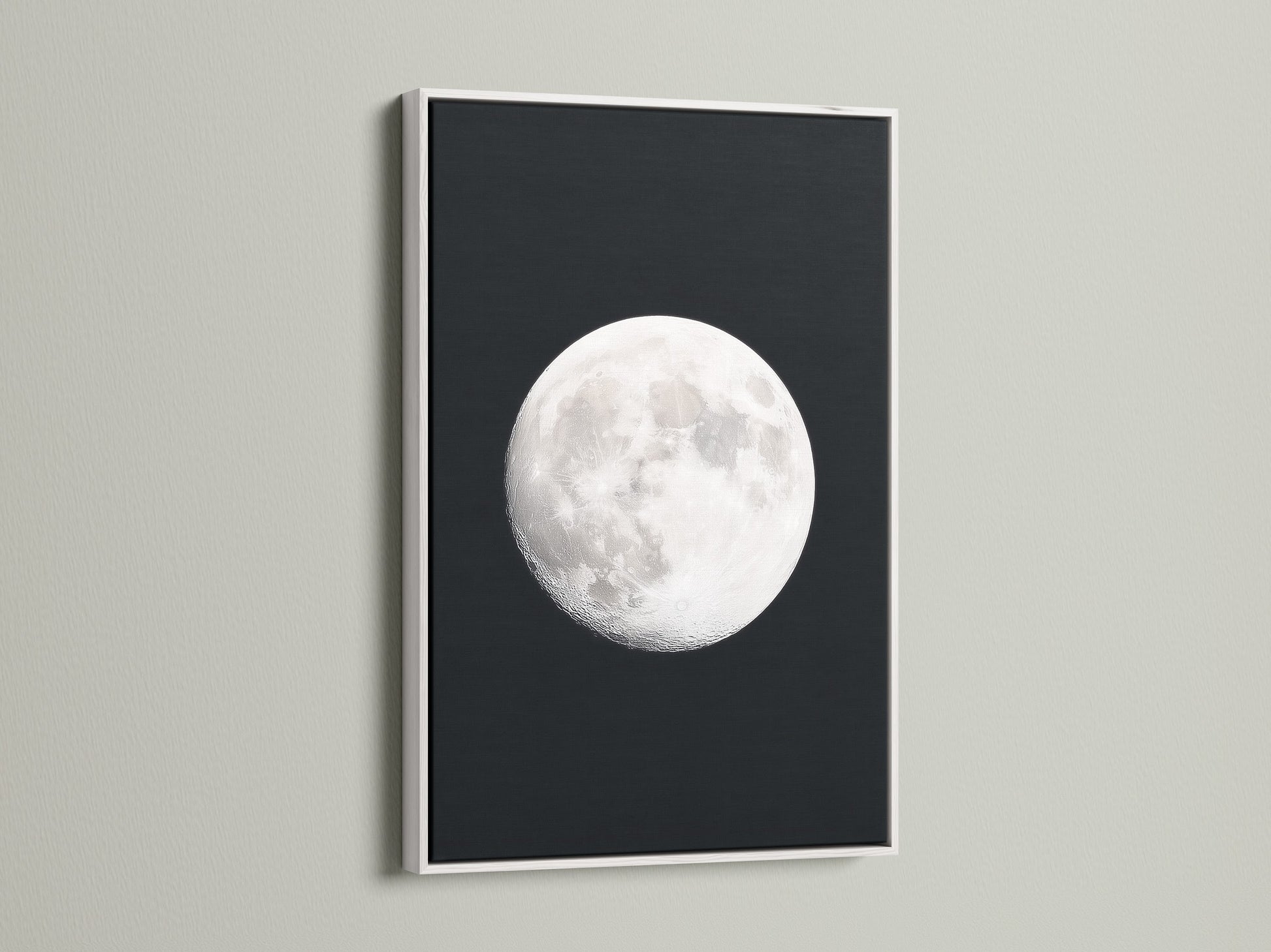 Full Moon lunar phase artwork with a white frame. This celestial art brings astronomy decor to any bedroom. It is a moon phase art showcase. It enhances space themed art in modern settings. It is a great astrology gift. This is a beautiful night sky print. Ideal as full moon artwork and a celestial print.