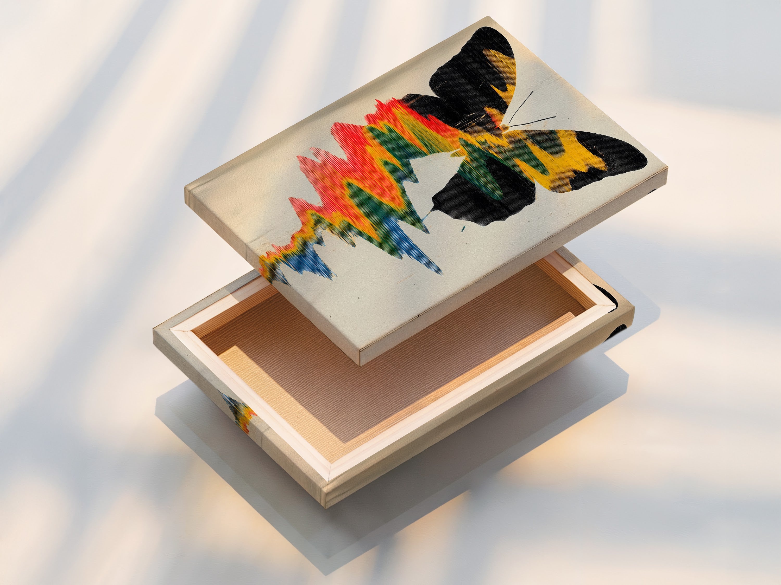 A stretched canvas print of the butterfly artwork. Ready to hang and transform any room. The stretched canvas provides a clean and modern look. Bring abstract insect art into your home. Shop our stretched canvas prints now