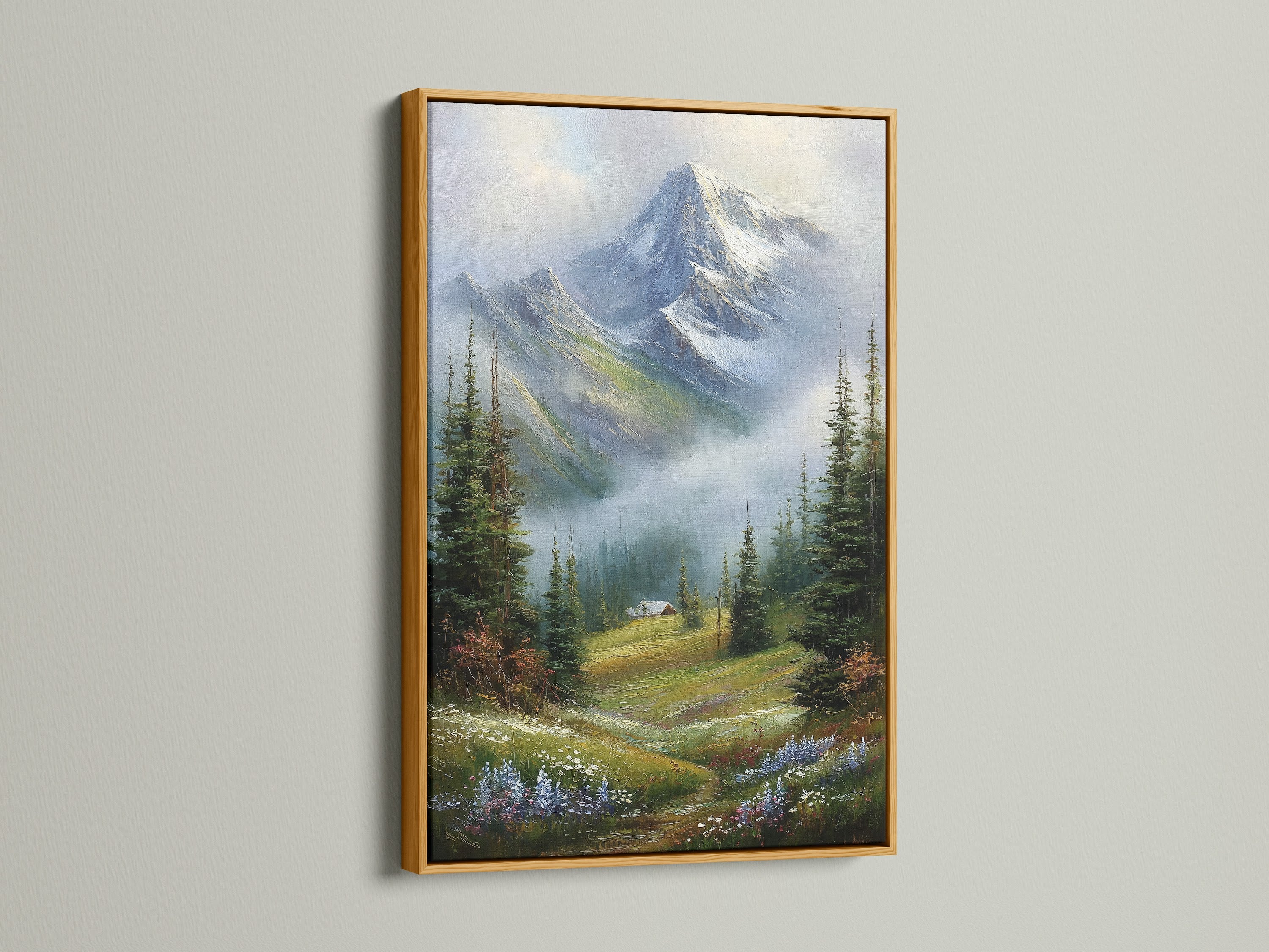 The artwork is showcased in a luxurious gold frame. The mountain landscape artwork is absolutely stunning. The gold frame adds a touch of glamour. It elevates the artwork's elegance. Enhance your decor with gilded art.