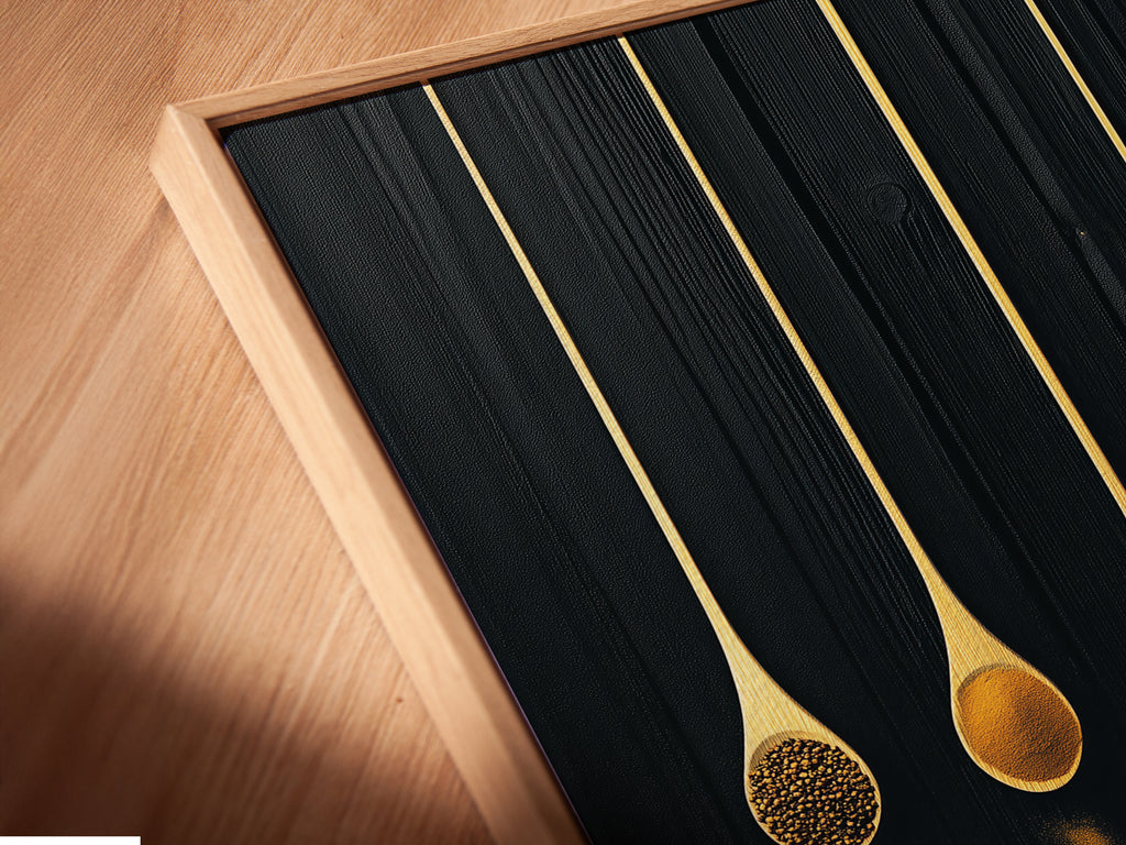 Close up of a Spice Spoons canvas print in a floating frame. This modern kitchen art is perfect for culinary decor. It elevates dining spaces and cafes. The floating frame adds a sleek touch. This food art print makes a great chef gift. It's a minimalist piece for any art lover.