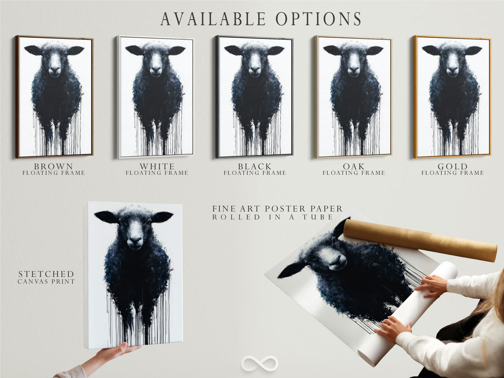 Black Sheep Art Print - Modern Farmhouse Wall Art, Minimalist Animal Painting, Contemporary Home Decor, Dripping Paint Style