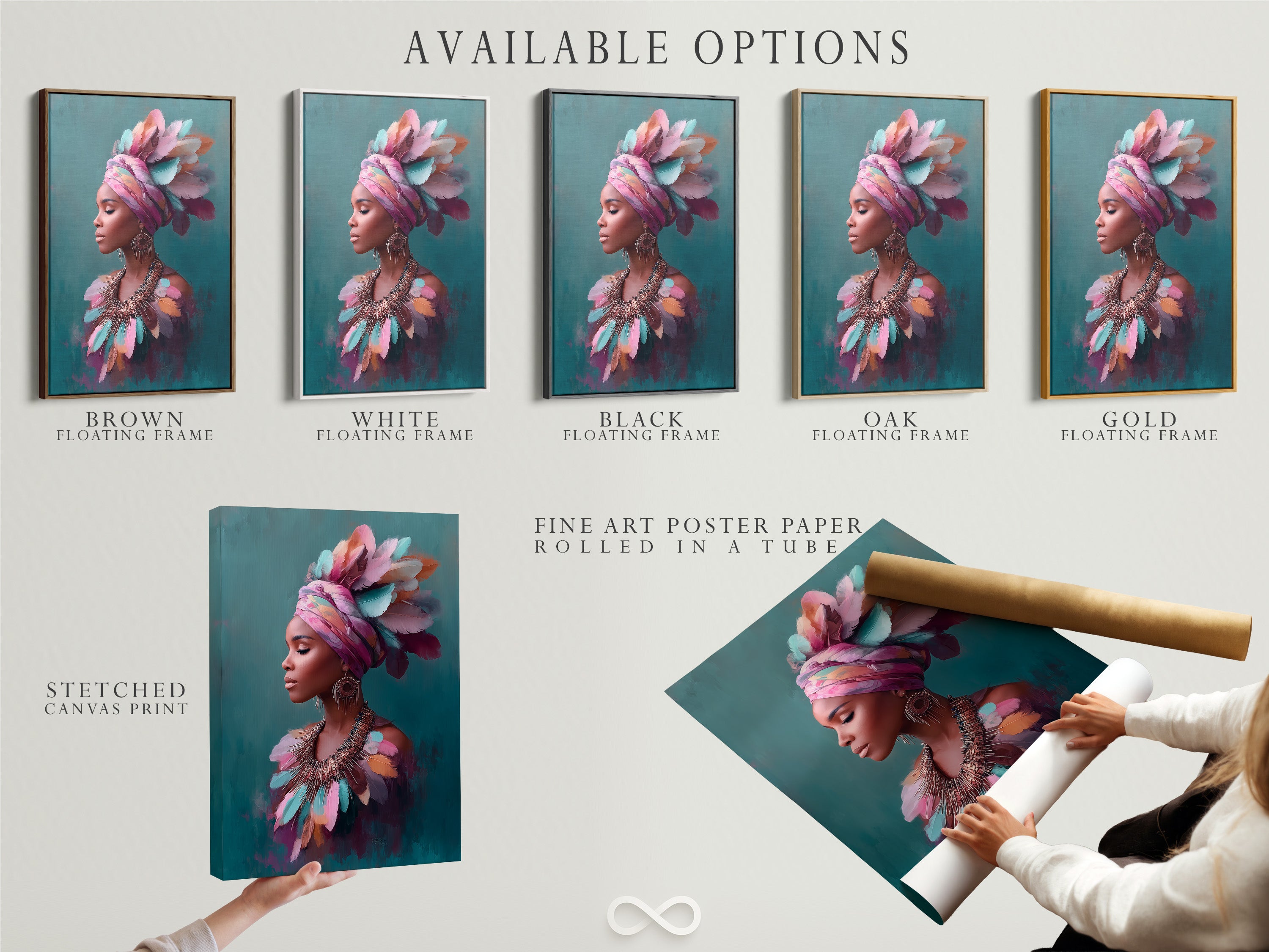 Explore available options for African Woman art: stretched canvas print fine art poster paper and floating frame. Customize your art to match your style. Discover the perfect piece for your home decor needs. Add cultural art today.