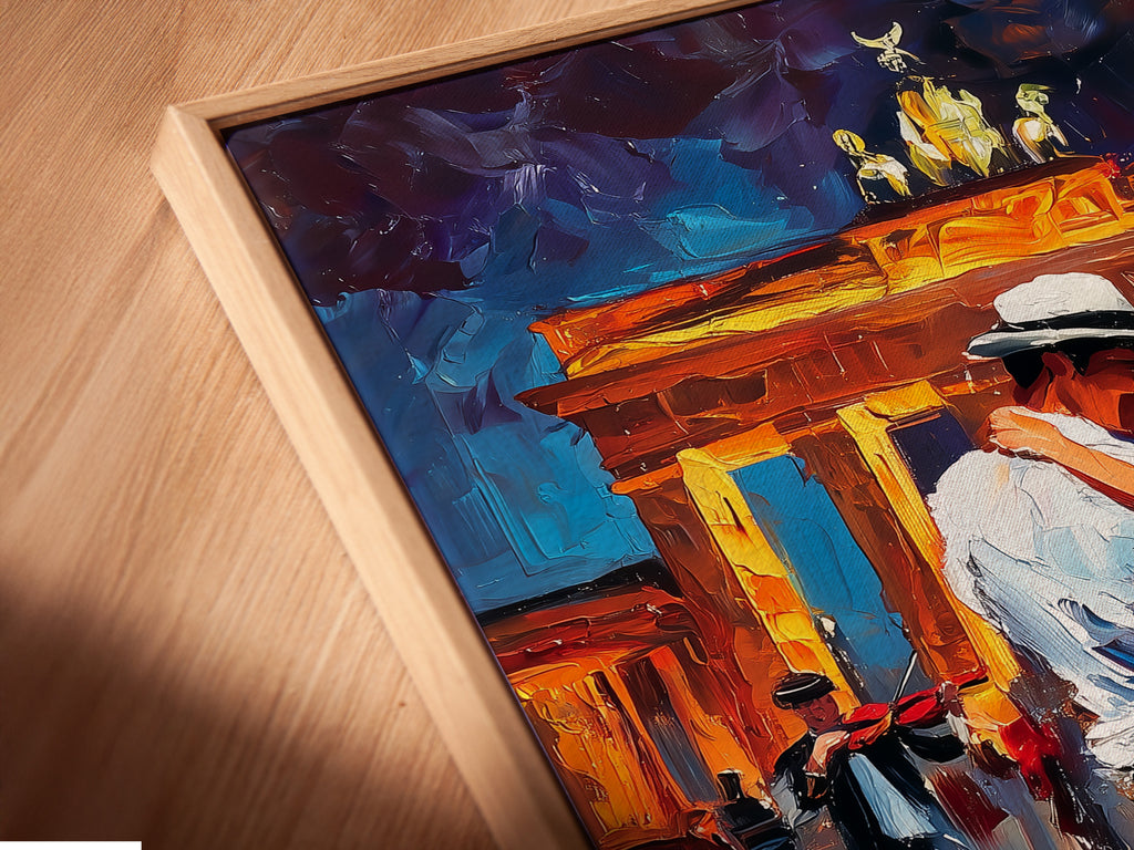 Angled close up of a canvas print in floating frame. The artwork features a couple in a dynamic dance pose. The floating frame enhances the artwork's depth and dimension. It creates a modern and sophisticated look that complements any interior. The floating frame adds an elegant touch.