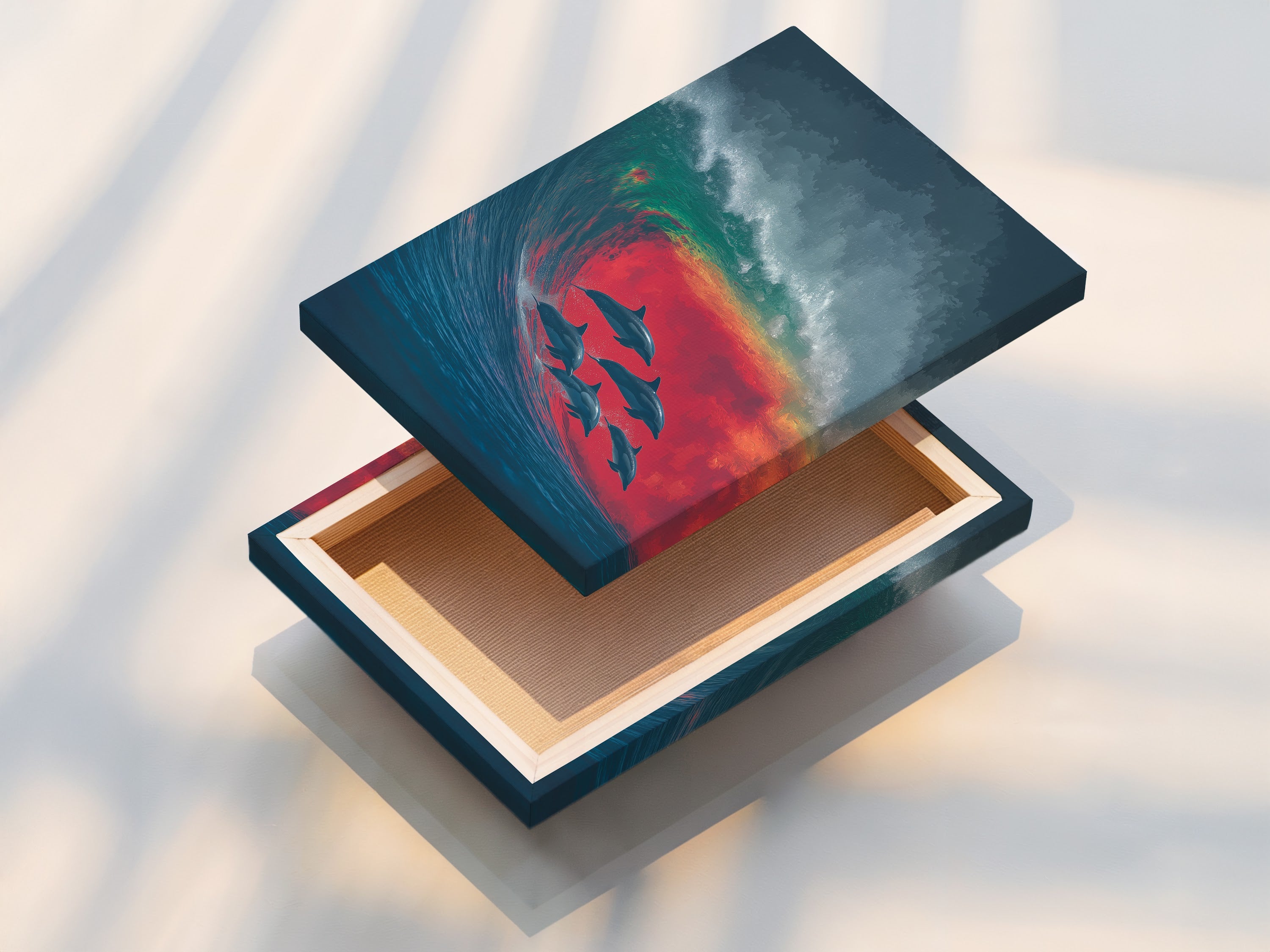 Stretched canvas print of the Dolphin Wave artwork. The canvas enhances the colors and details. This ocean art print is ready to transform your space. Perfect for adding a coastal touch to any room.