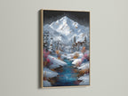 An oak frame showcases a stunning winter landscape art print. This piece features a mountain village with a ski lift and a vibrant stream. Ideal alpine artwork for creating a cozy cabin ambiance. Bring the beauty of a snowy ski resort into your home.