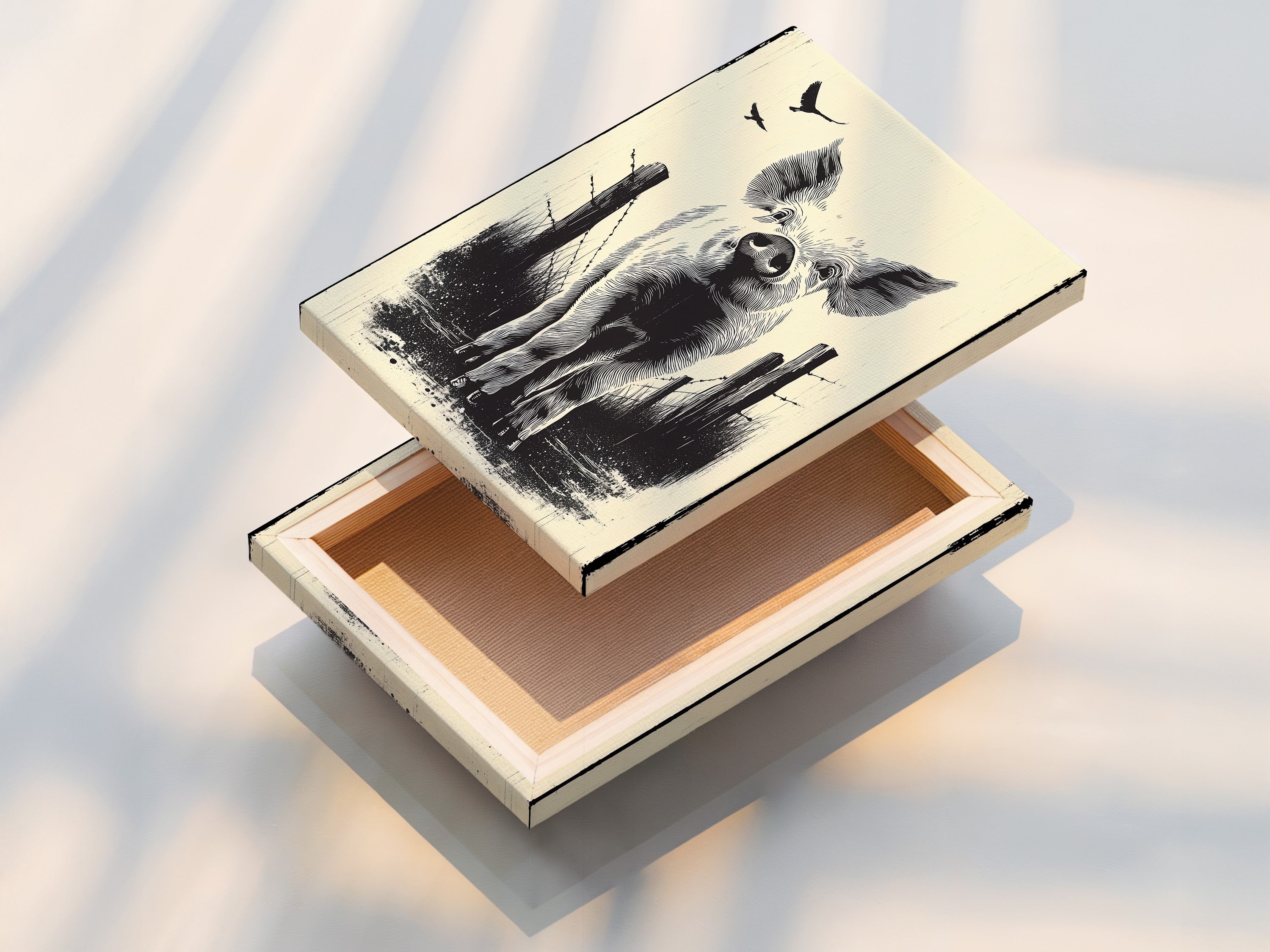 Stretched canvas print displaying pig artwork. Add a touch of farmhouse charm with animal wall art. This rustic country artwork is perfect for kitchen decor. A great gift for farm animal lovers.